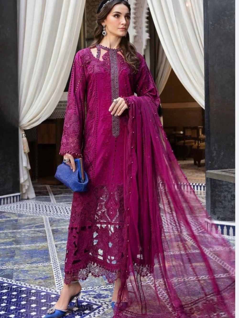 Elegant Magenta Embroidered Women's Dress with Sheer Dupatta Pakistani dress